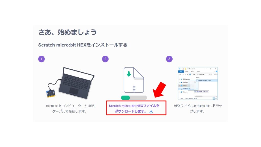 Scratch micro:bit HEXをマイクロビットにダウンロードする手順画面